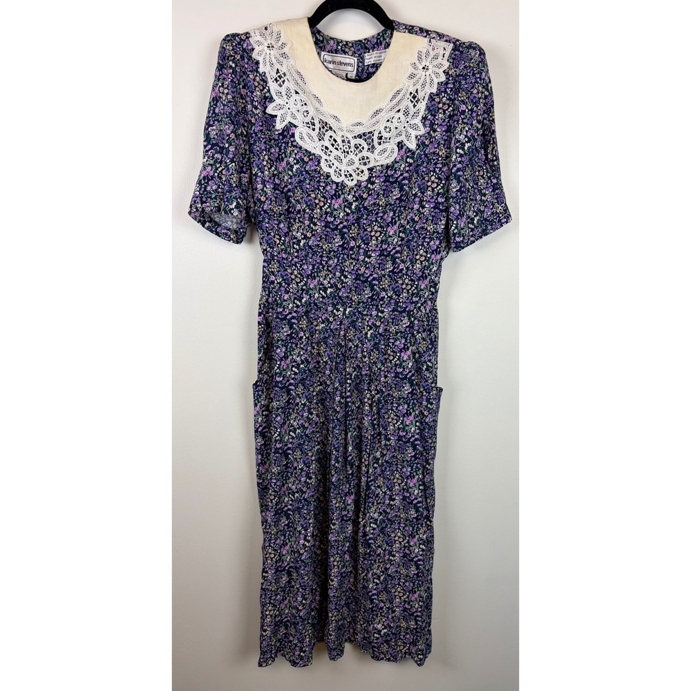 Karin Stevens Dress 12 Purple Floral Vintage 90s Lace Collar Cottagecore Midi